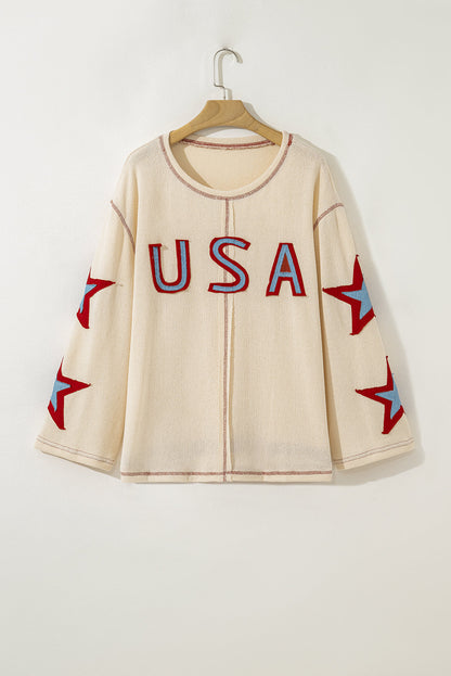 USA Patchwork Exposed Seam Long Sleeve Top